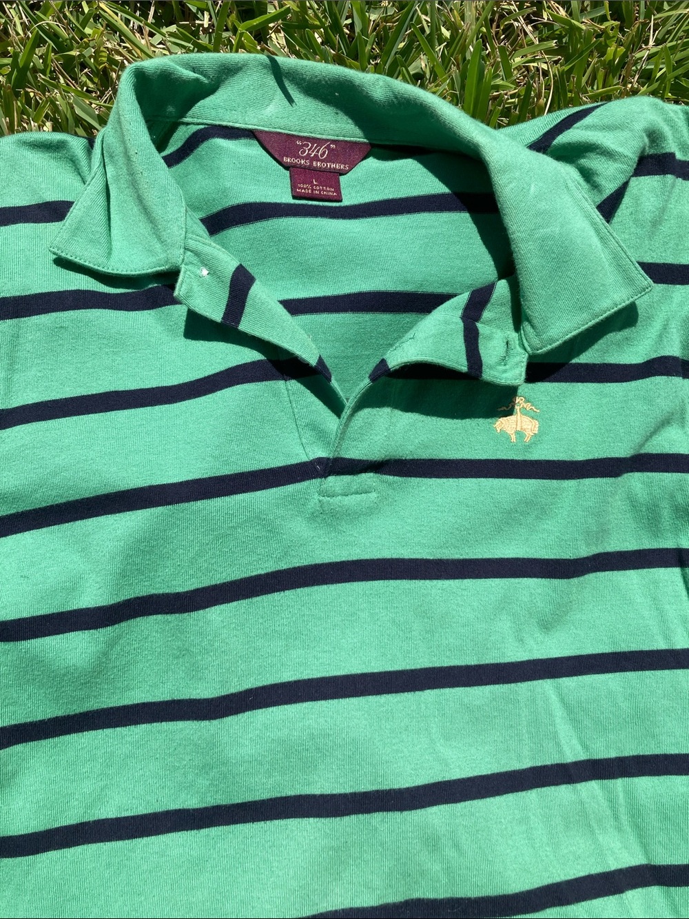 Brooks Brothers Green Polo with Navy Stripe and Gold Logo